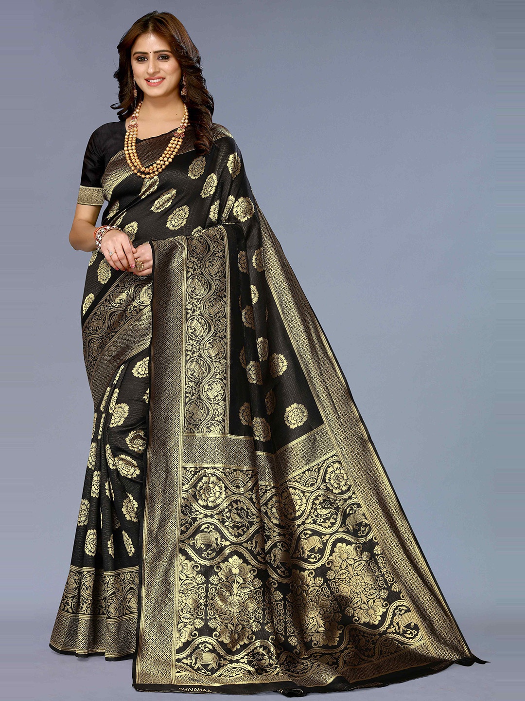 

KALINI Ethnic Motifs Woven Design Zari Silk Cotton Kanjeevaram Saree, Black