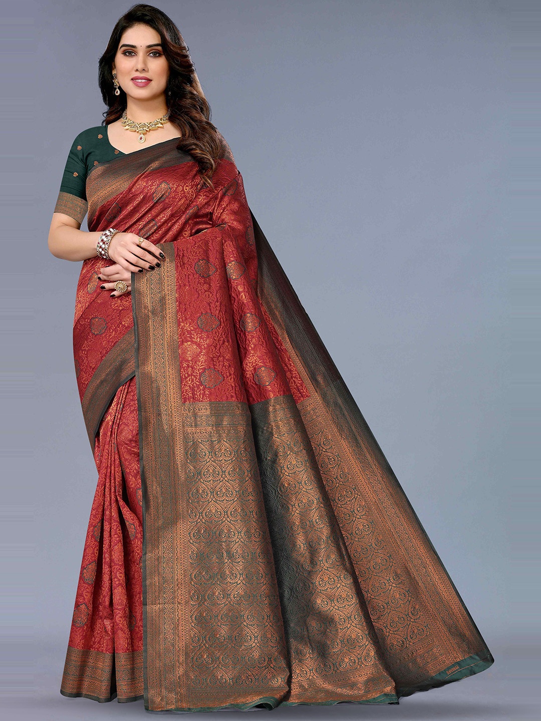 

KALINI Ethnic Motifs Woven Design Zari Silk Cotton Kanjeevaram Saree, Maroon