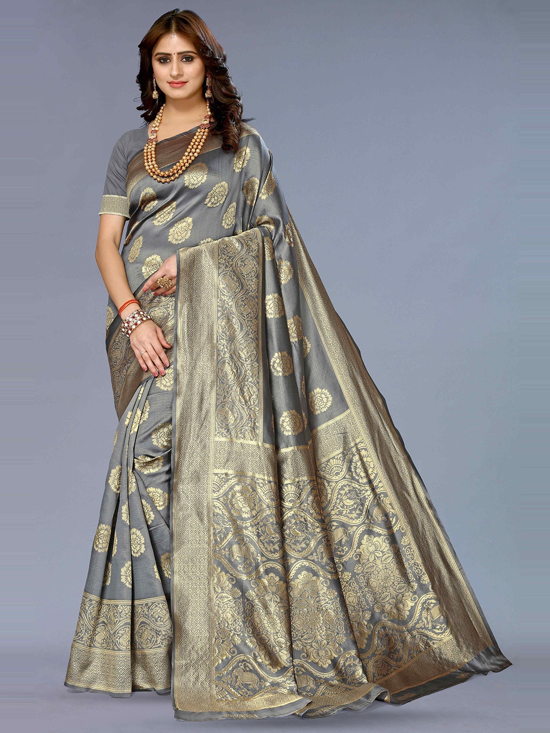 

KALINI Ethnic Motifs Woven Design Zari Jacquard Kanjeevaram Saree, Grey