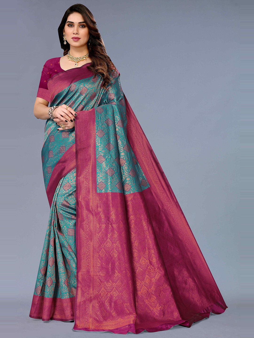 

KALINI Woven Design Zari Silk Cotton Kanjeevaram Saree, Green