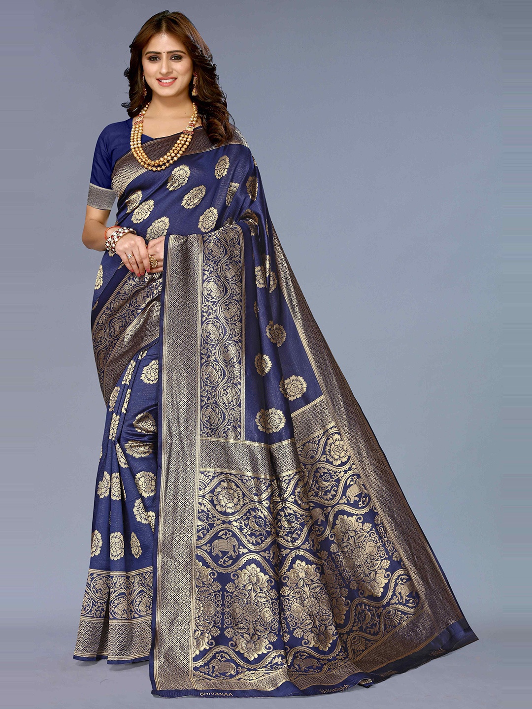 

KALINI Ethnic Motifs Woven Design Zari Silk Cotton Kanjeevaram Saree, Blue