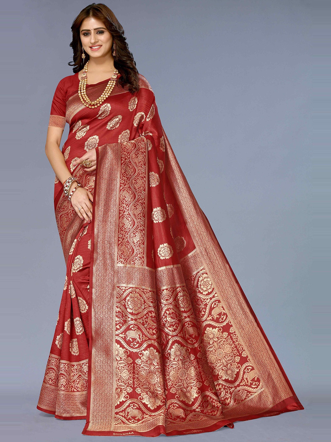 

KALINI Floral Woven Design Zari Silk Cotton Kanjeevaram Saree, Maroon