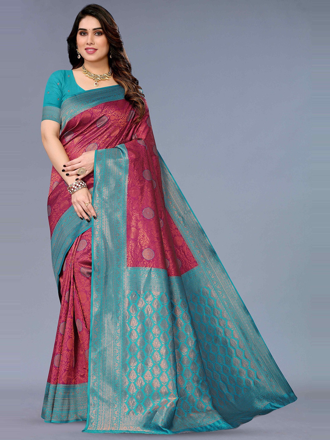 

KALINI Ethnic Motifs Woven Design Zari Silk Cotton Kanjeevaram Saree, Pink