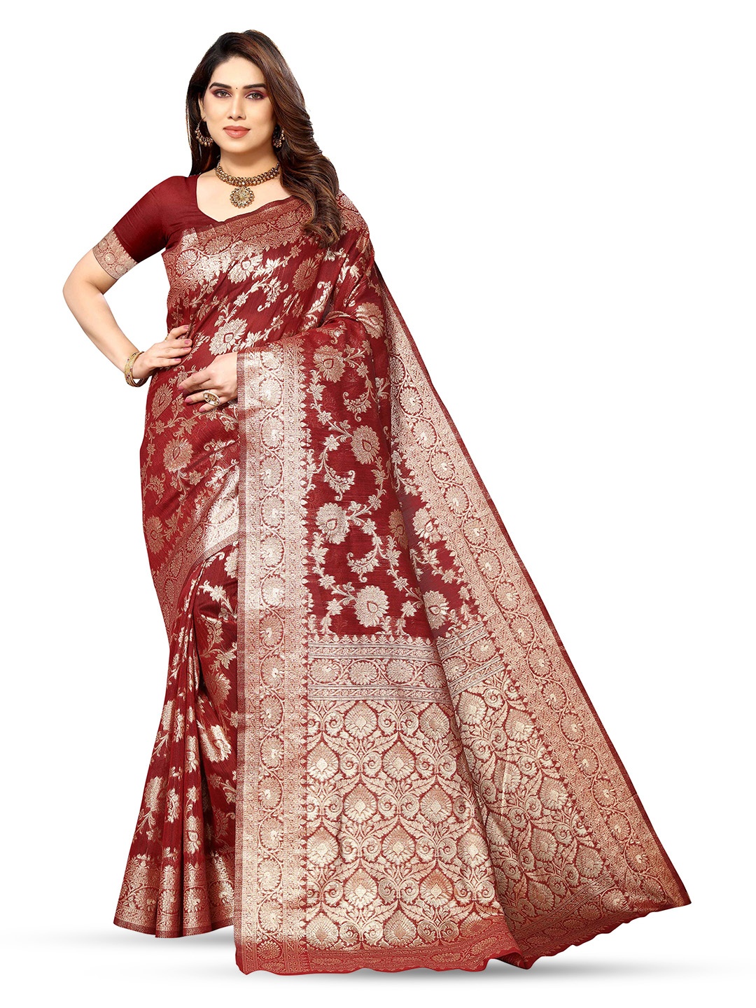 

KALINI Ethnic Motifs Woven Design Zari Jacquard Kanjeevaram Saree, Maroon