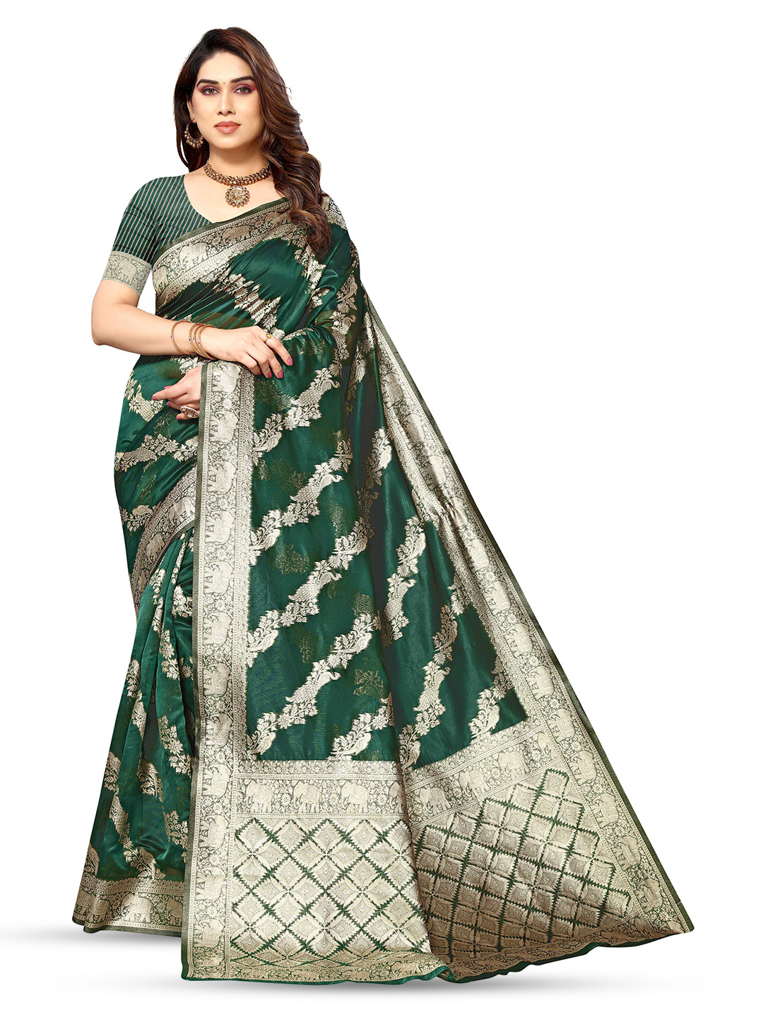 

KALINI Ethnic Motif Woven Design Zari Silk Cotton Kanjeevaram Saree, Green
