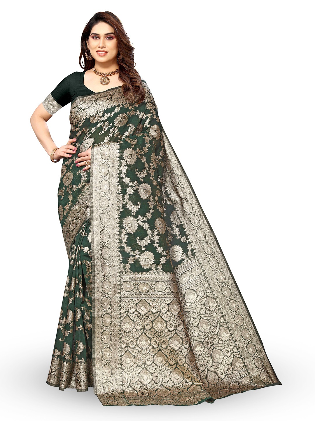 

KALINI Ethnic Motifs Woven Design Zari Silk Cotton Kanjeevaram Saree, Green