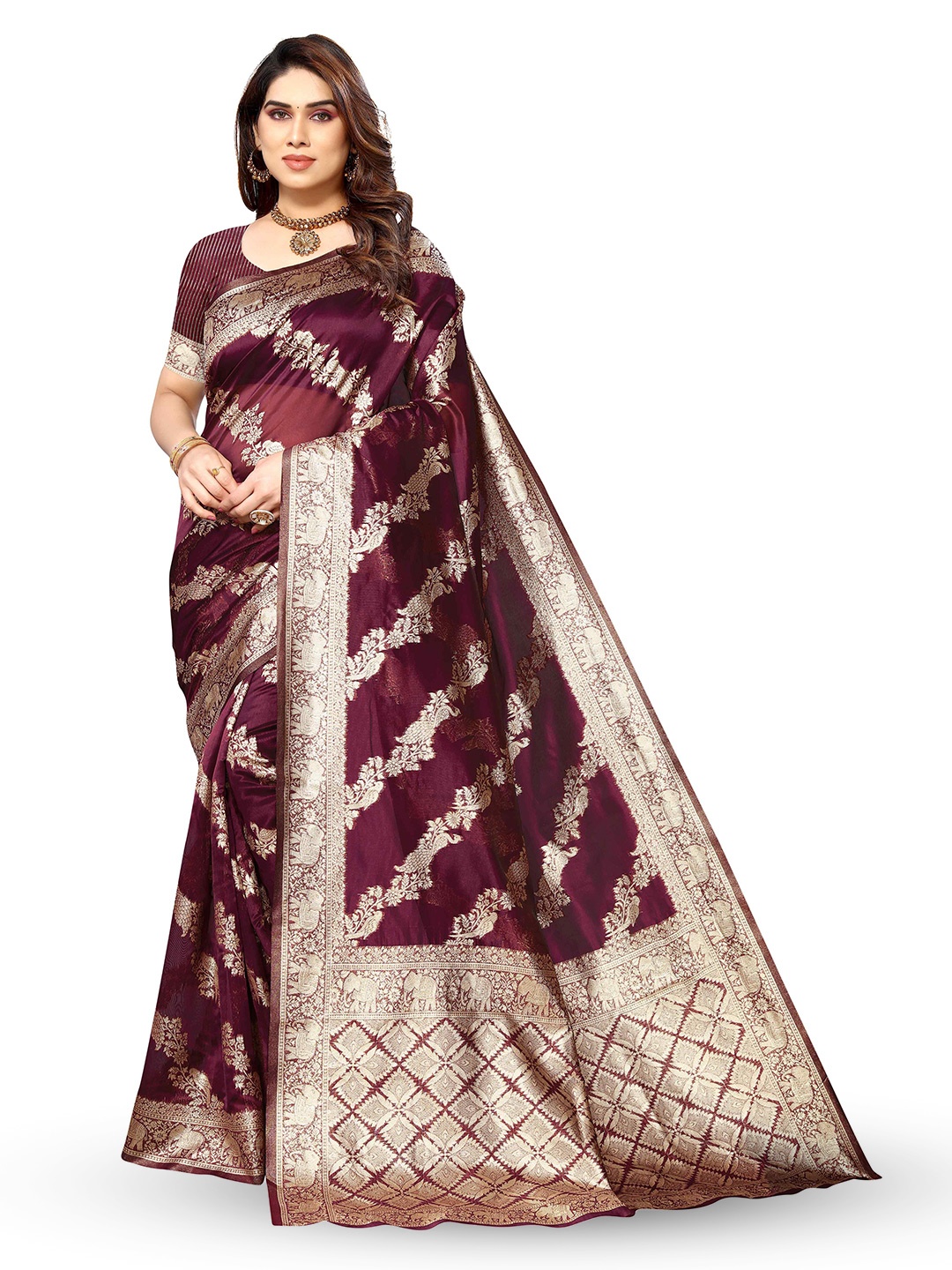 

KALINI Ethnic Motifs Woven Design Zari Silk Cotton Kanjeevaram Saree, Purple