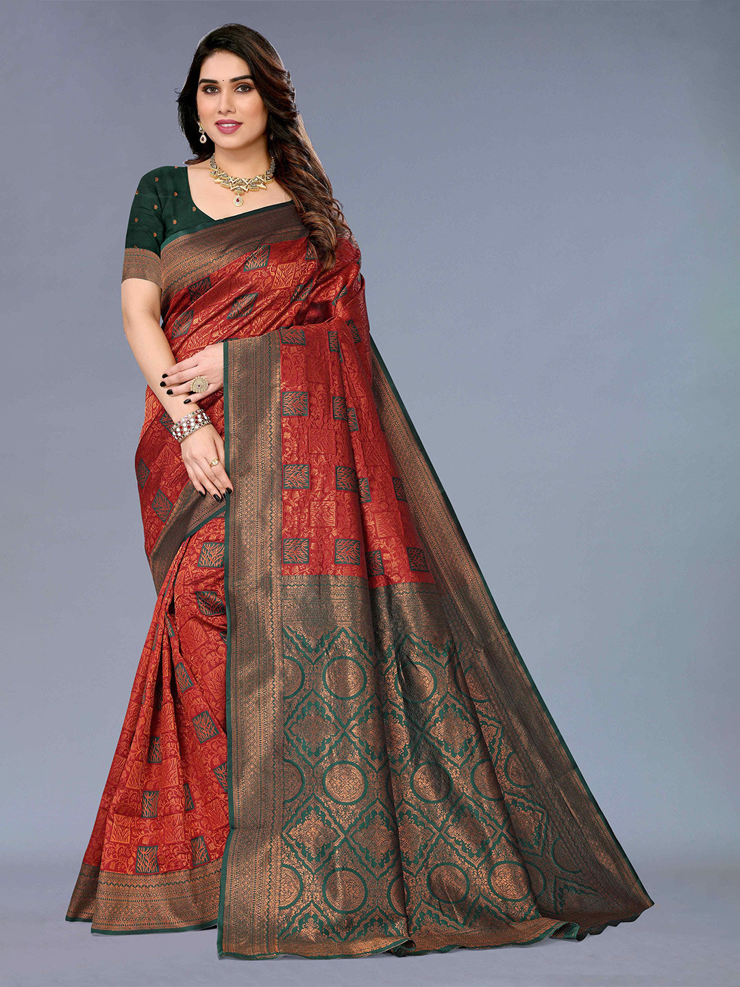 

KALINI Ethnic Motifs Woven Design Zari Jacquard Kanjeevaram Saree, Orange