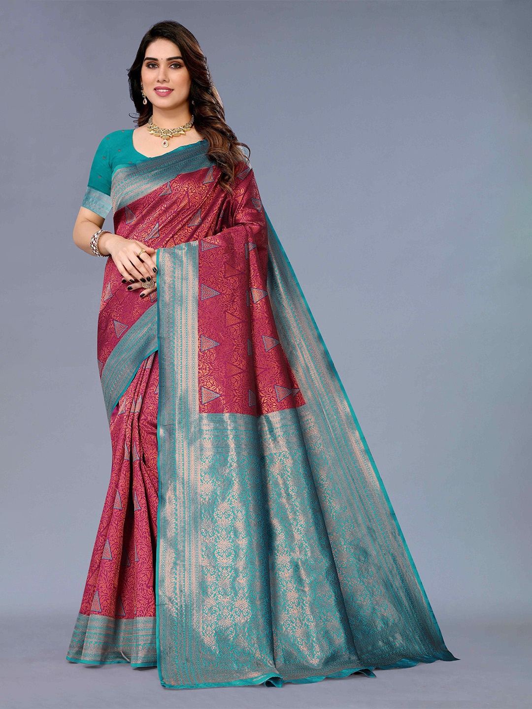 

KALINI Ethnic Motifs Woven Design Zari Silk Cotton Kanjeevaram Saree, Maroon