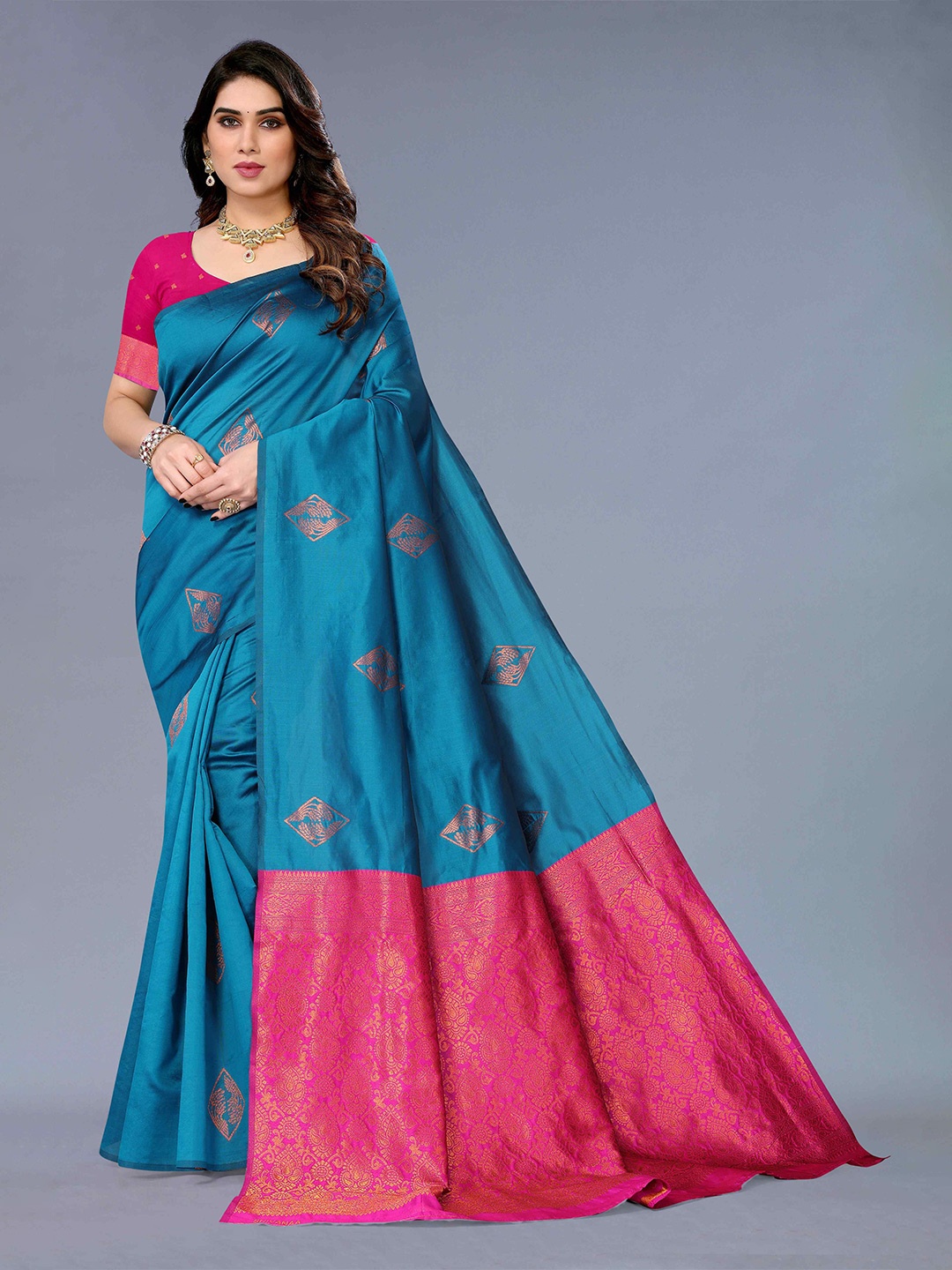 

KALINI Ethnic Motifs Woven Design Zari Silk Cotton Kanjeevaram Saree, Blue