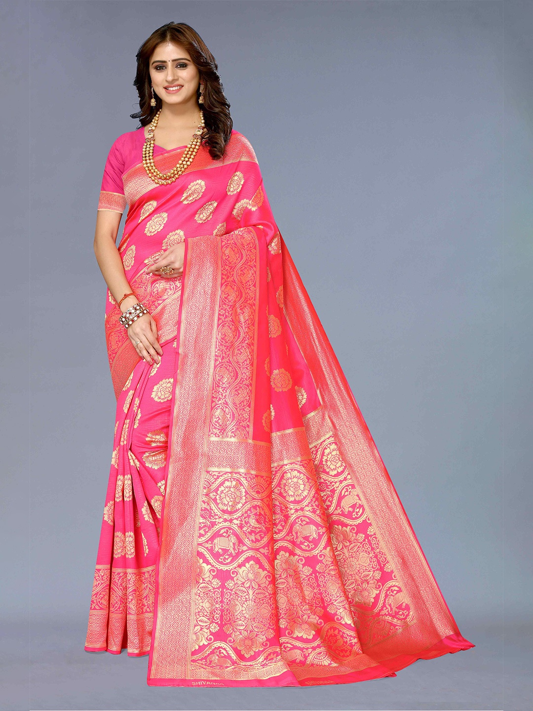 

KALINI Ethnic Motif Woven Design Zari Silk Cotton Kanjeevaram Saree, Pink