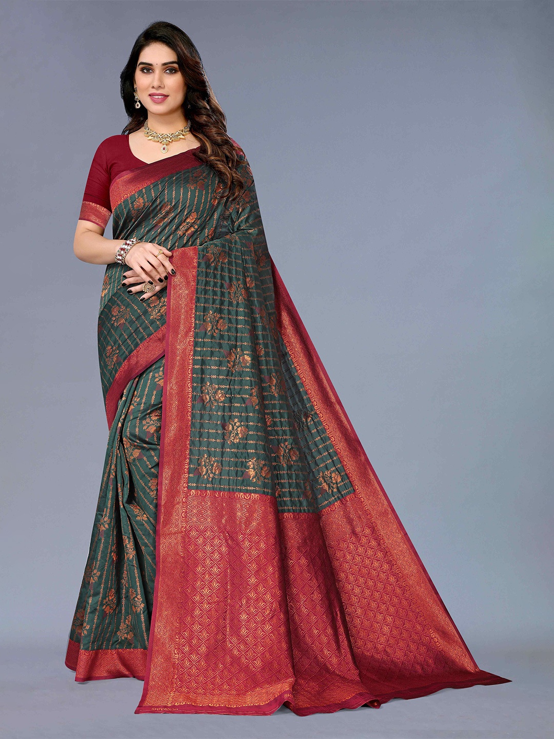 

KALINI Ethnic Motif Woven Design Zari Silk Cotton Kanjeevaram Saree, Green