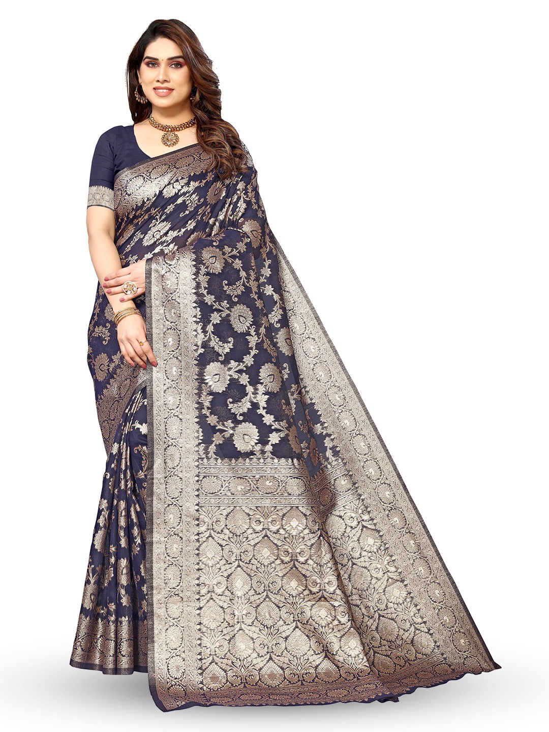 

KALINI Ethnic Motifs Woven Design Zari Silk Cotton Kanjeevaram Saree, Blue