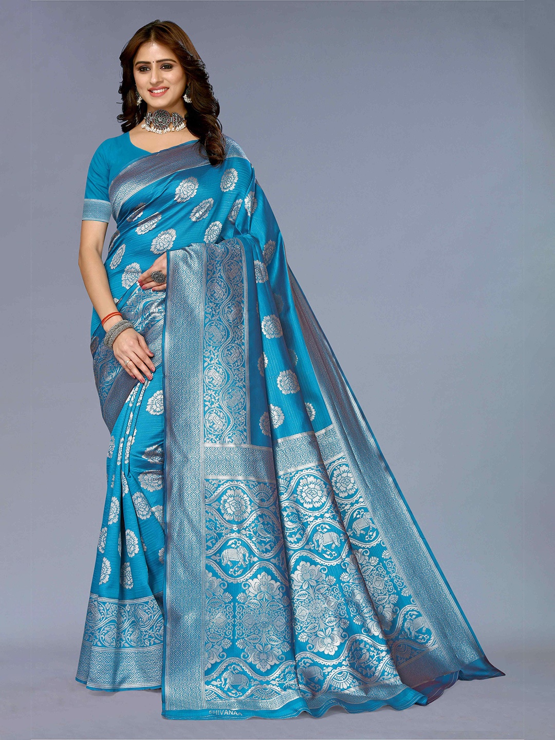 

KALINI Ethnic Motifs Woven Design Zari Silk Cotton Kanjeevaram Saree, Blue