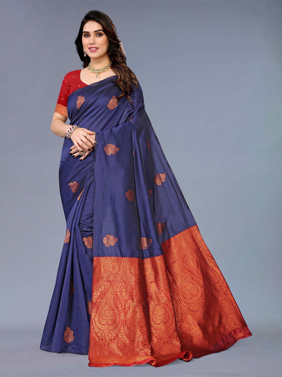 

KALINI Ethnic Motif Woven Design Zari Silk Cotton Kanjeevaram Saree, Navy blue