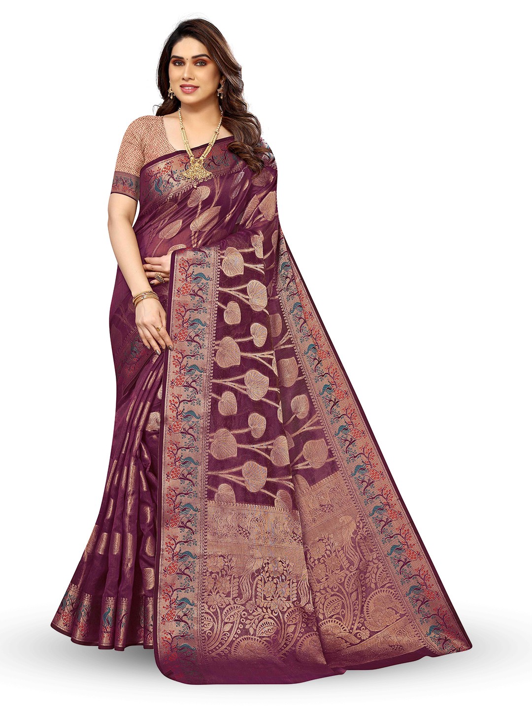 

KALINI Ethnic Motifs Woven Design Zari Silk Cotton Kanjeevaram Saree, Purple