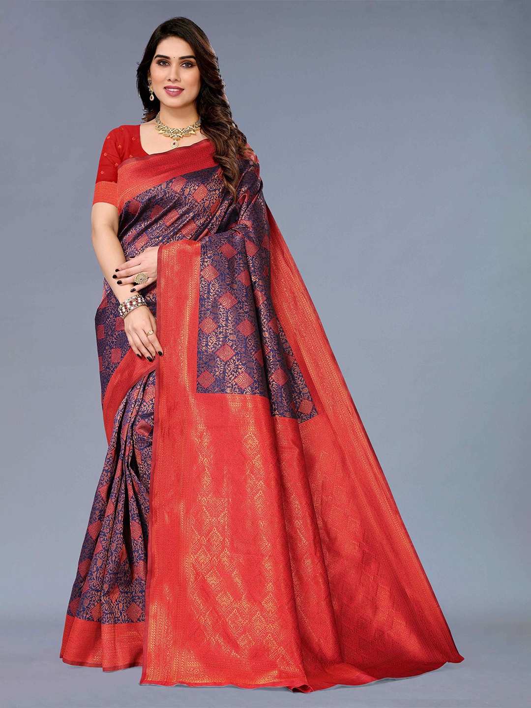 

KALINI Ethnic Motifs Woven Design Zari Silk Cotton Kanjeevaram Saree, Blue