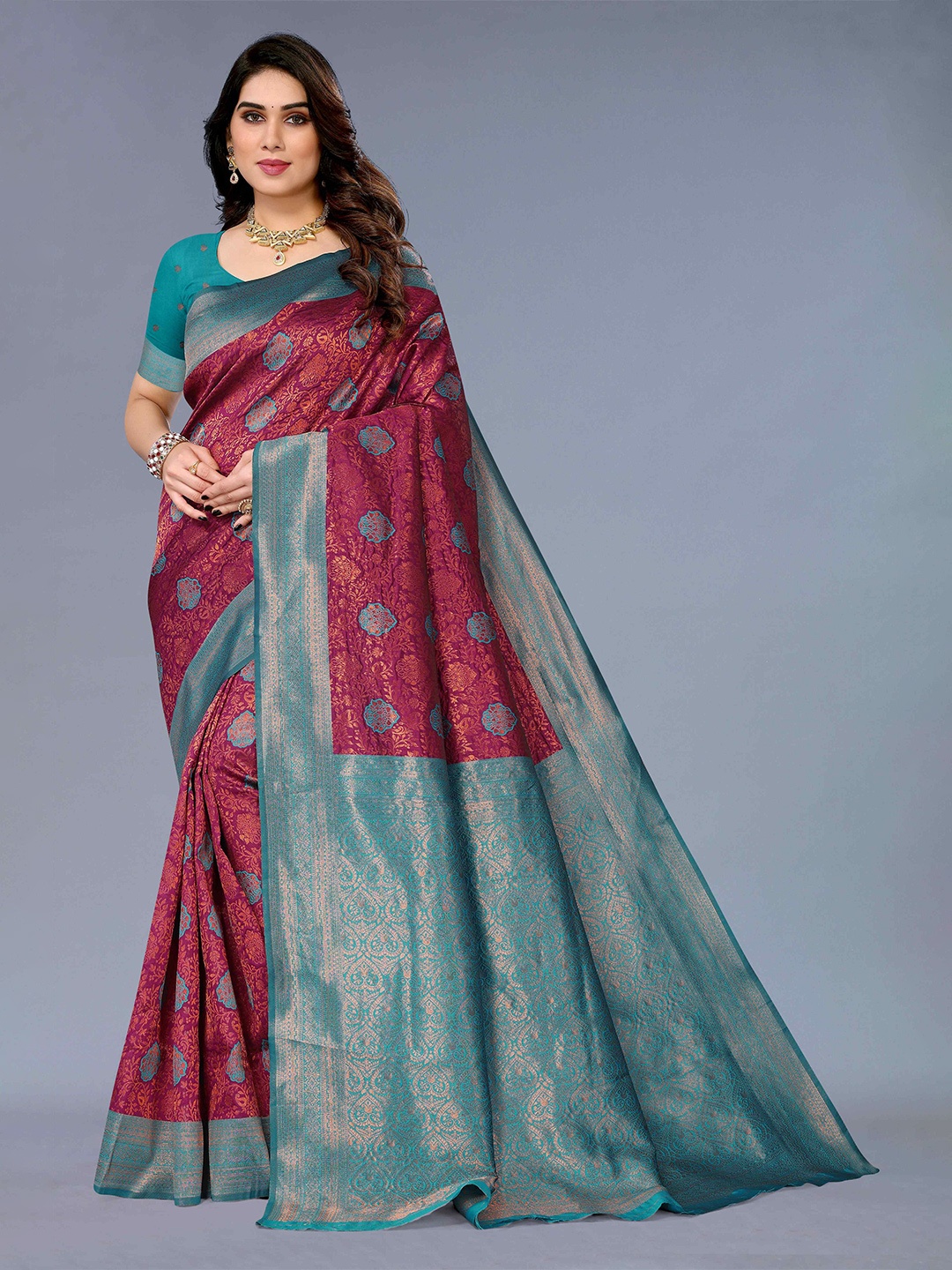 

KALINI Ethnic Motifs Woven Design Zari Silk Cotton Kanjeevaram Saree, Purple