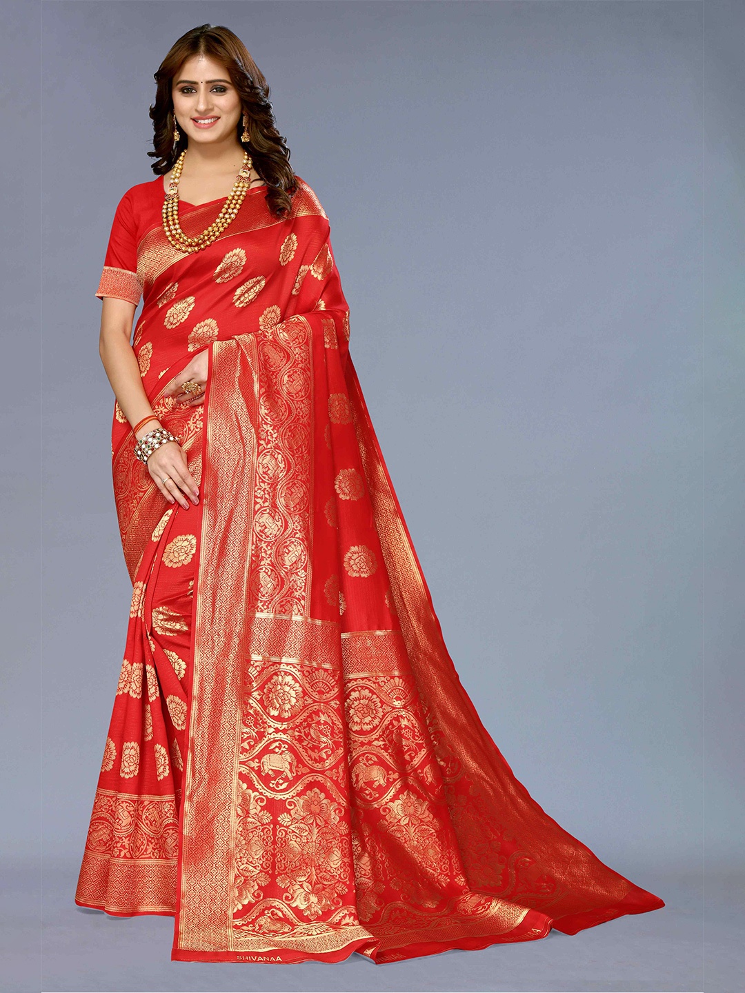 

KALINI Ethnic Motifs Woven Design Zari Silk Cotton Kanjeevaram Saree, Red