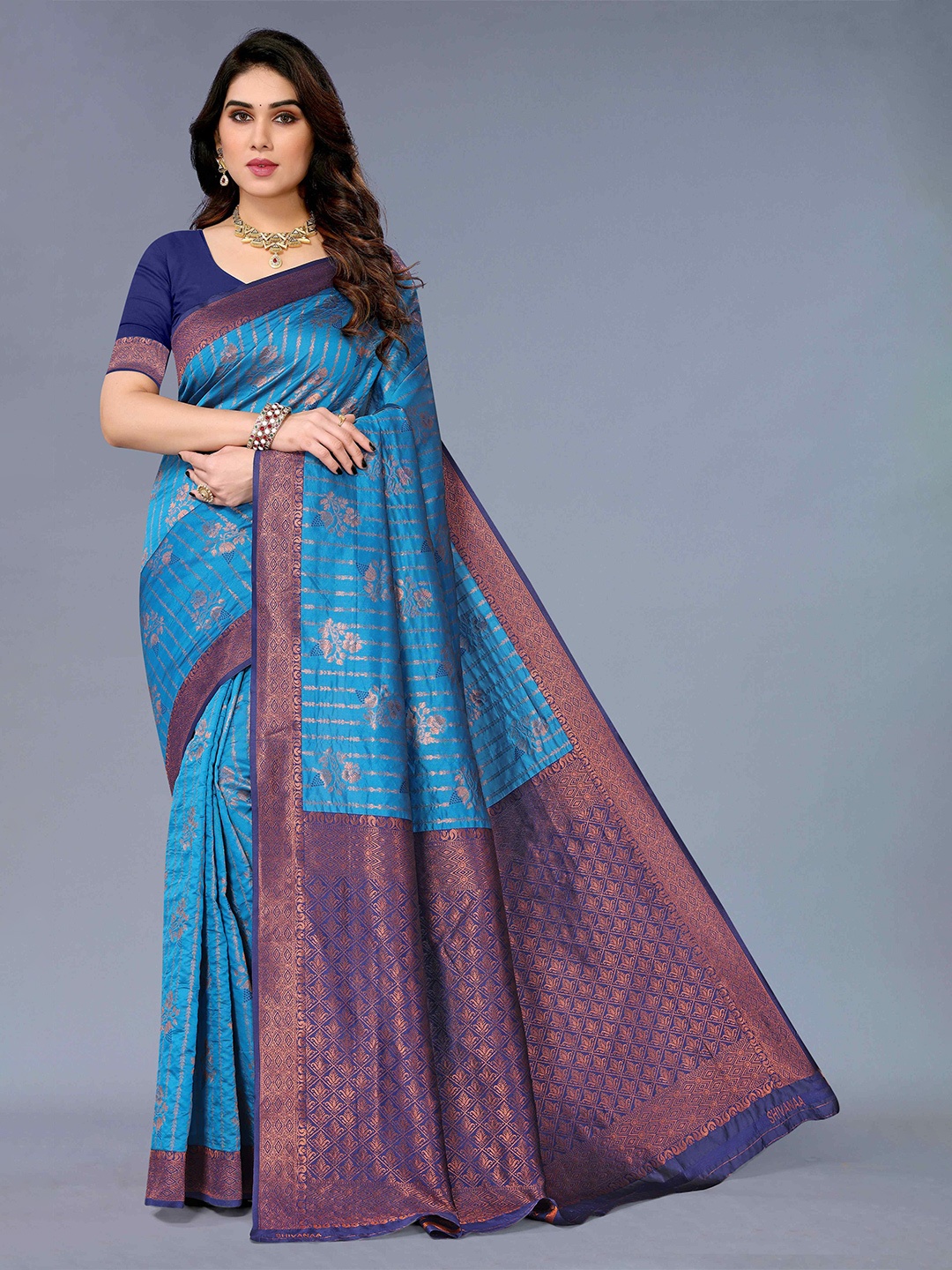 

KALINI Floral Woven Design Zari Silk Cotton Kanjeevaram Saree, Blue