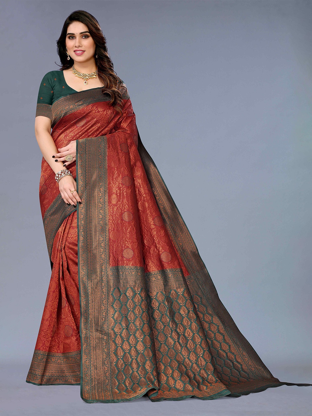 

KALINI Ethnic Motifs Woven Design Zari Silk Cotton Kanjeevaram Saree, Maroon