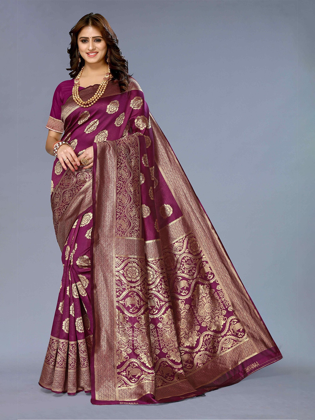 

KALINI Floral Woven Design Zari Silk Cotton Kanjeevaram Saree, Purple
