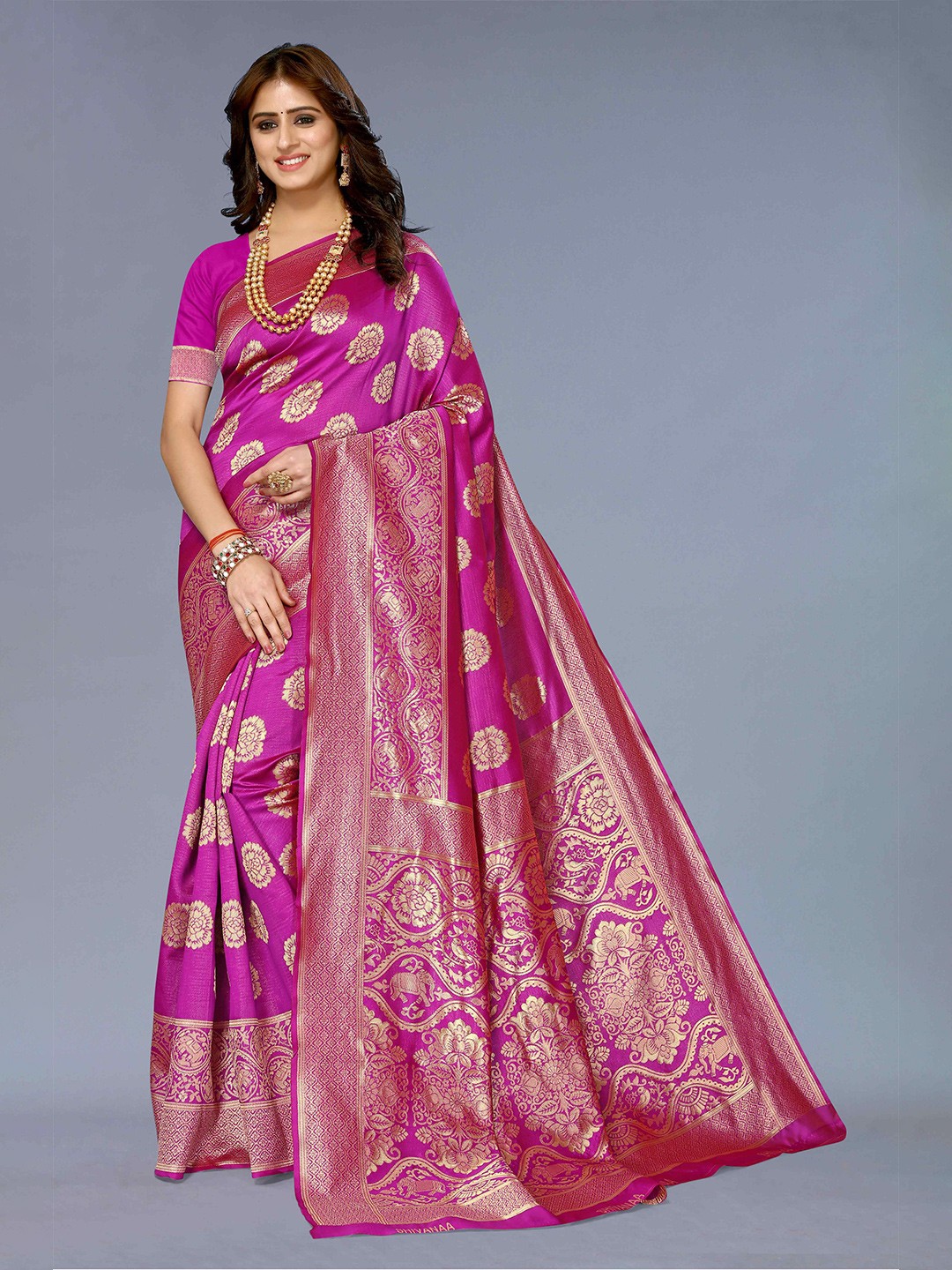 

KALINI Ethnic Motifs Woven Design Zari Silk Cotton Kanjeevaram Saree, Purple