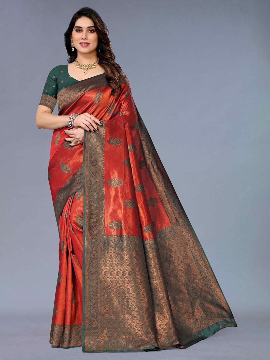 

KALINI Ethnic Motifs Woven Design Zari Silk Cotton Kanjeevaram Saree, Orange