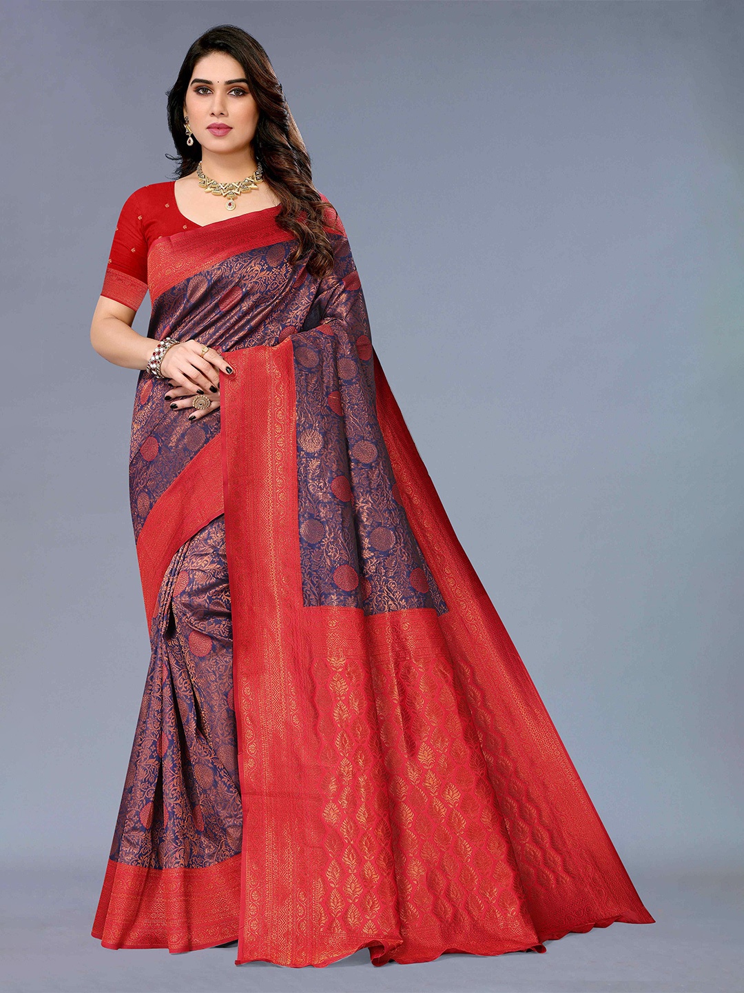 

KALINI Ethnic Motifs Woven Design Zari Silk Cotton Kanjeevaram Saree, Blue