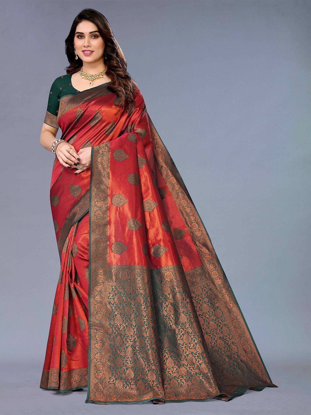 

KALINI Ethnic Motifs Woven Design Zari Jacquard Kanjeevaram Saree, Orange