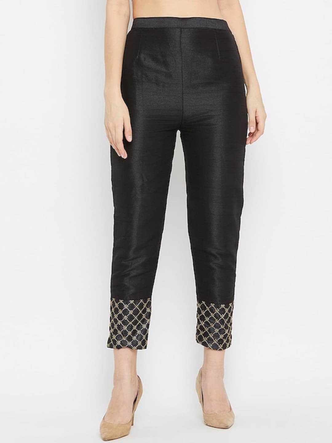 

DALUCI Women Easy Wash Pleated Silk Cigarette Trousers, Black