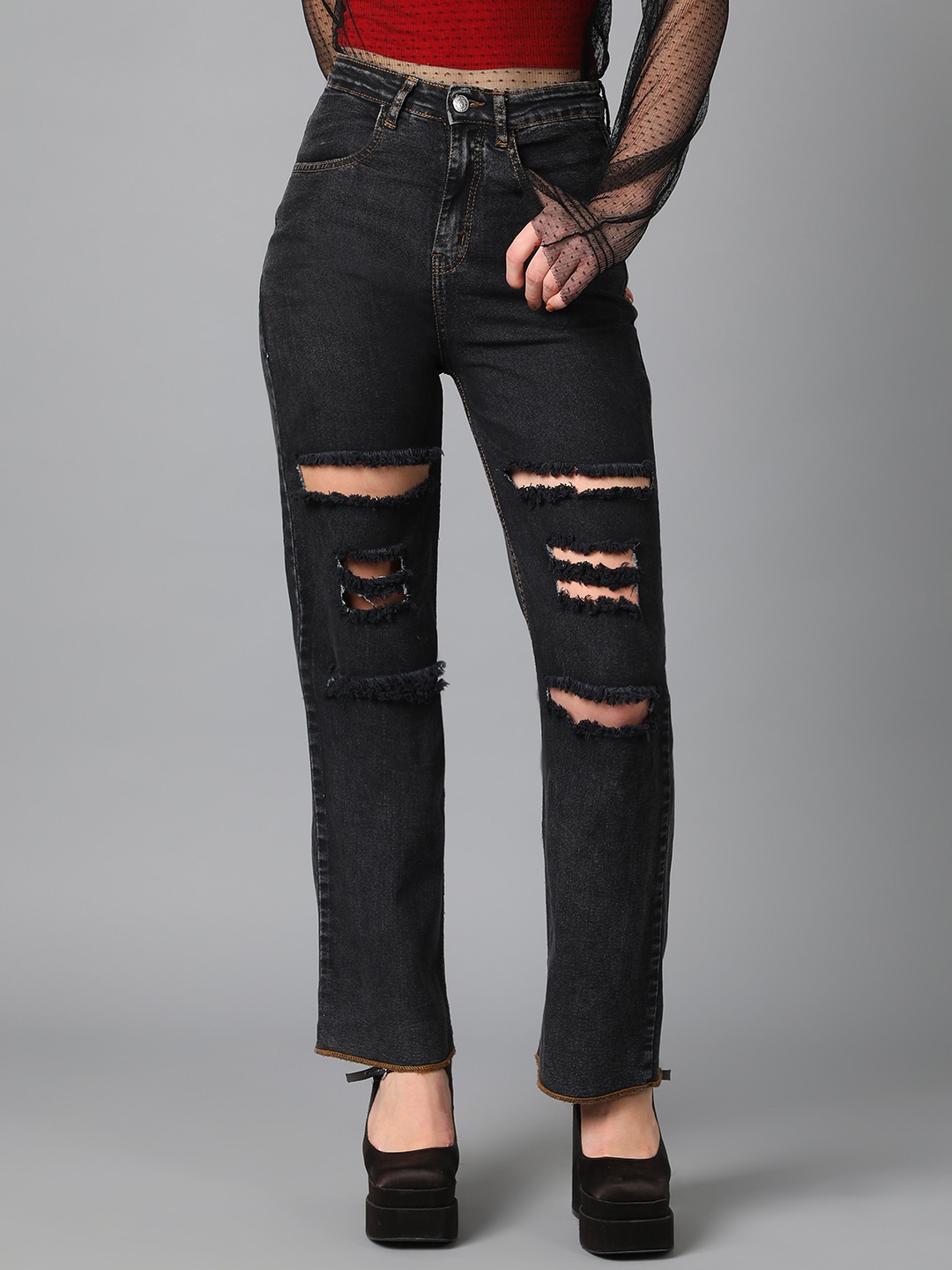 

Kotty Black Women Jean Straight Fit High-Rise Mildly Distressed Stretchable Jeans