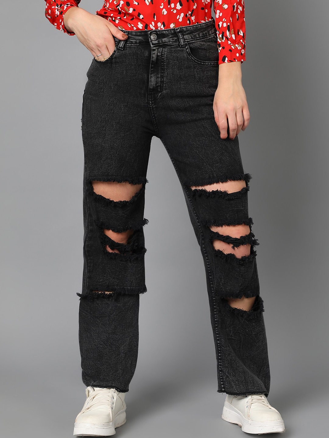 

Kotty Women Black Jean Straight Fit High-Rise Highly Distressed Stretchable Jeans