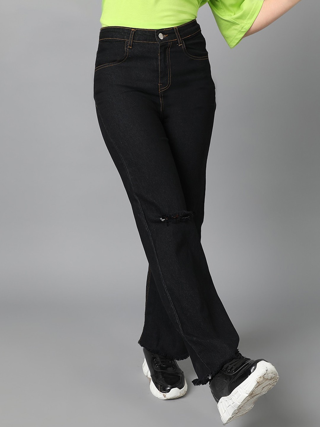

Kotty Women Jean Straight Fit High-Rise Slash Knee Cotton Stretchable Jeans, Black