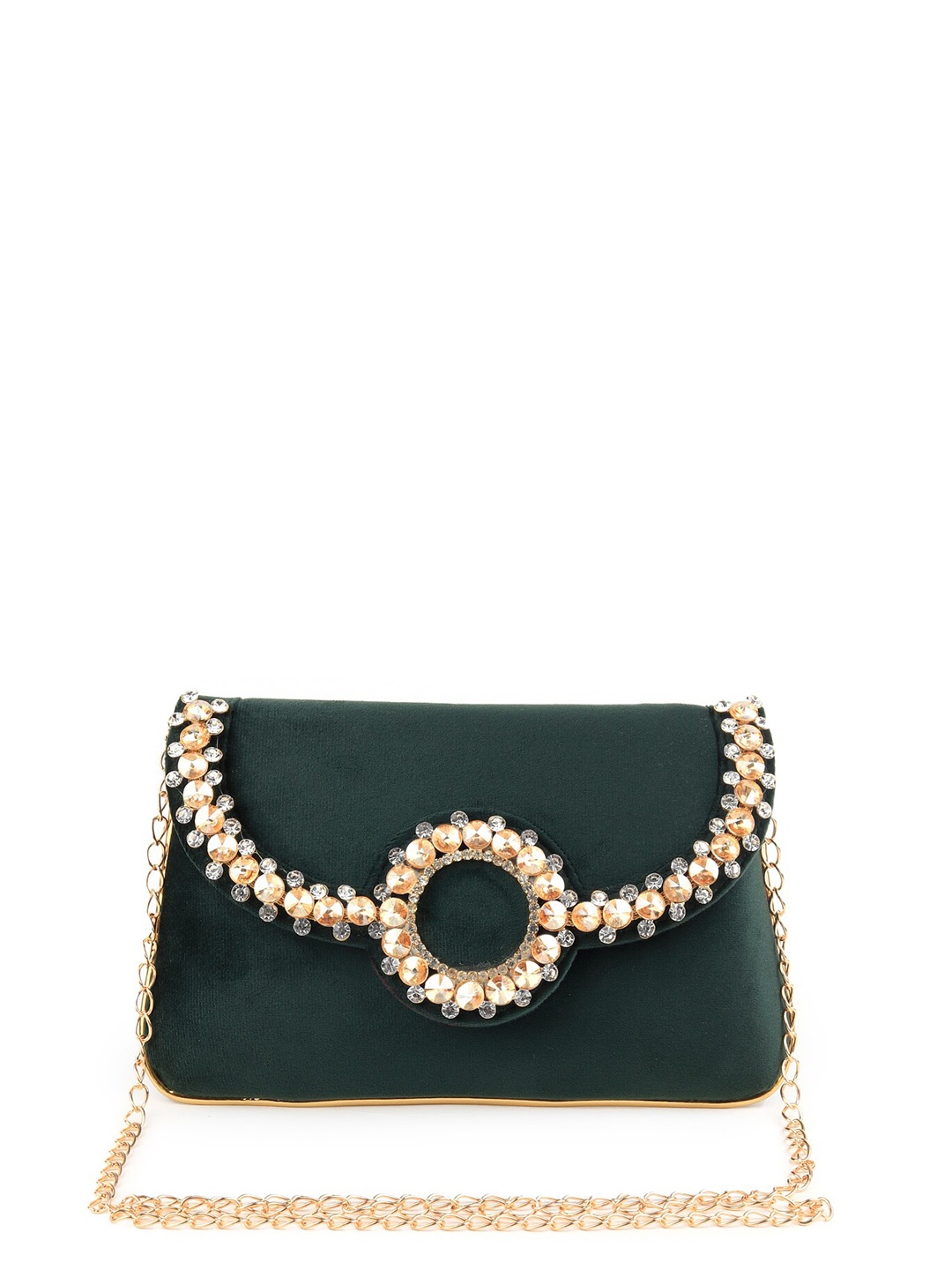 

ODETTE Embellished Envelope Velvet Clutch, Green