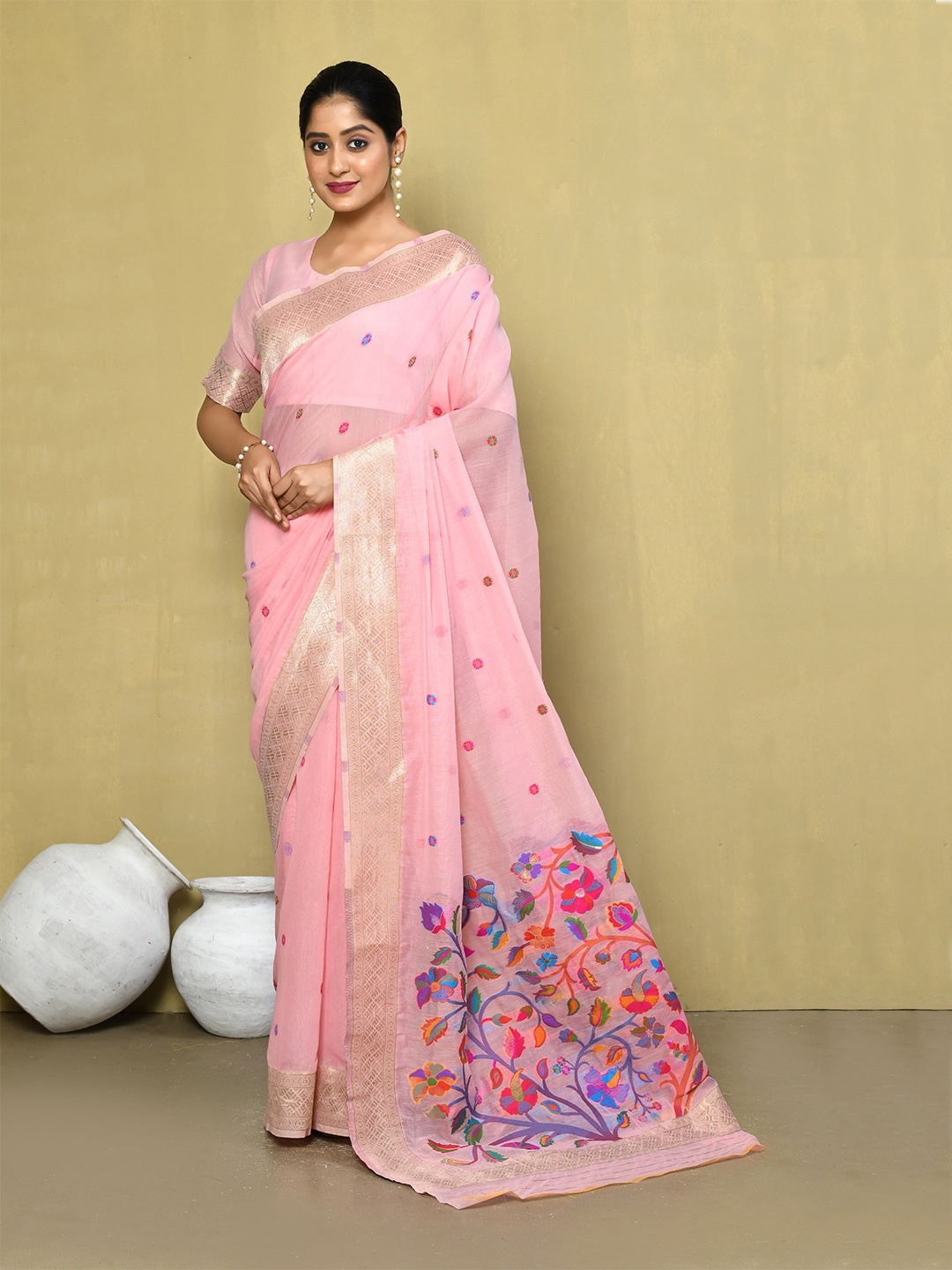 

elora Floral Woven Design Zari Saree, Pink