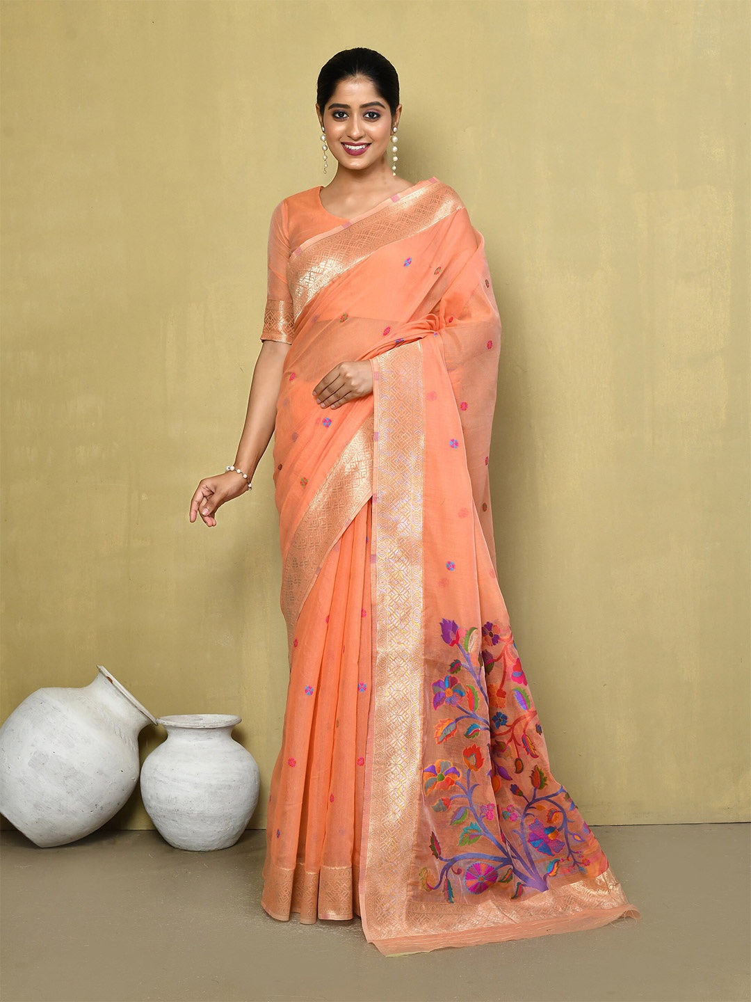 

elora Floral Woven Design Zari Saree, Peach