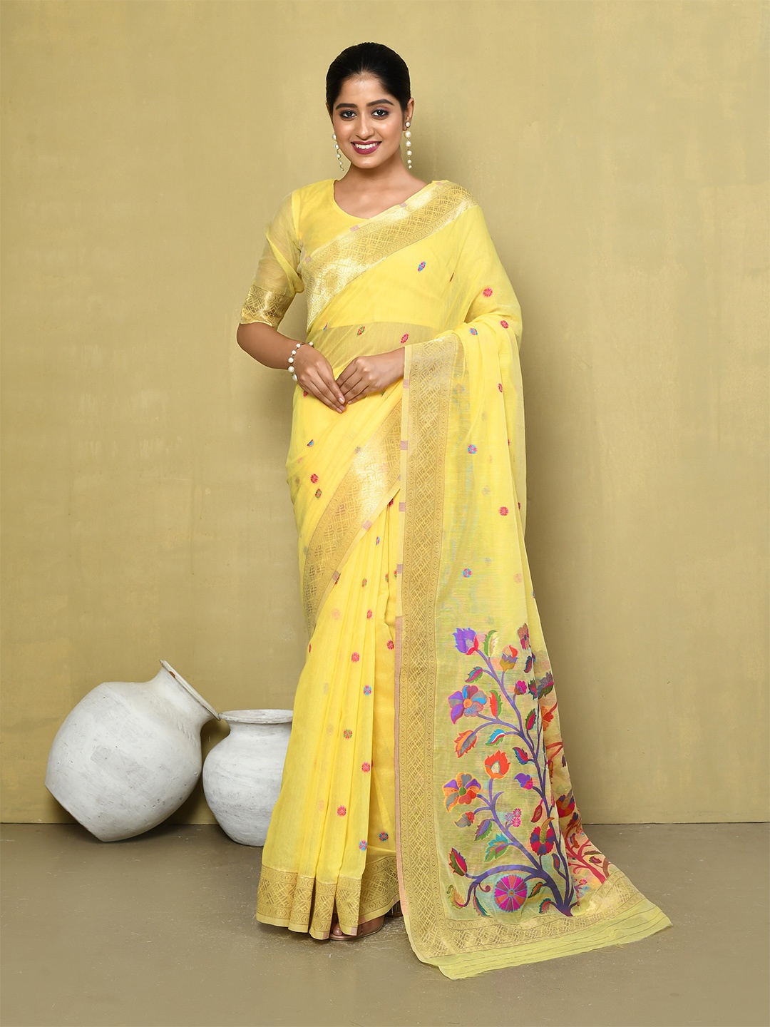 

elora Floral Woven Design Zari Saree, Yellow