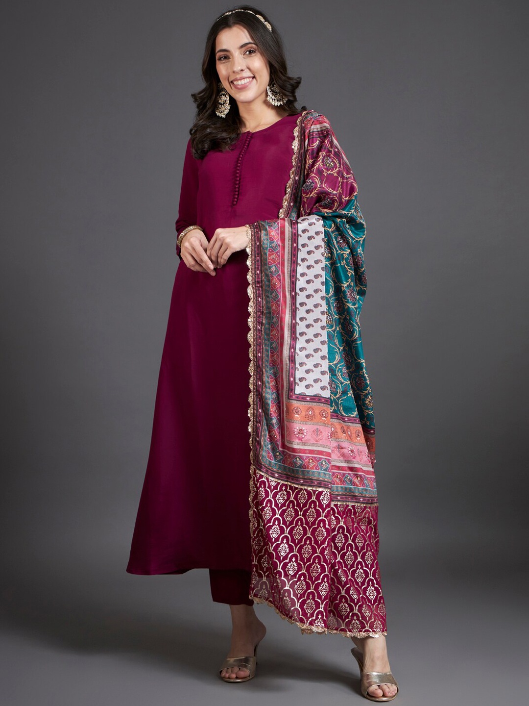 

HEEPOSH A-Line Kurta & Trousers With Dupatta, Burgundy