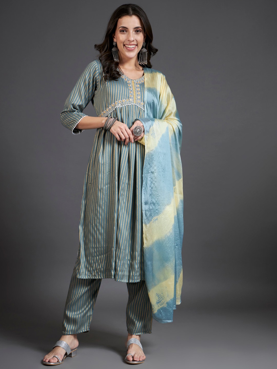 

HEEPOSH Striped Mirror Work Empire A-Line Kurta & Trousers With Dupatta, Grey