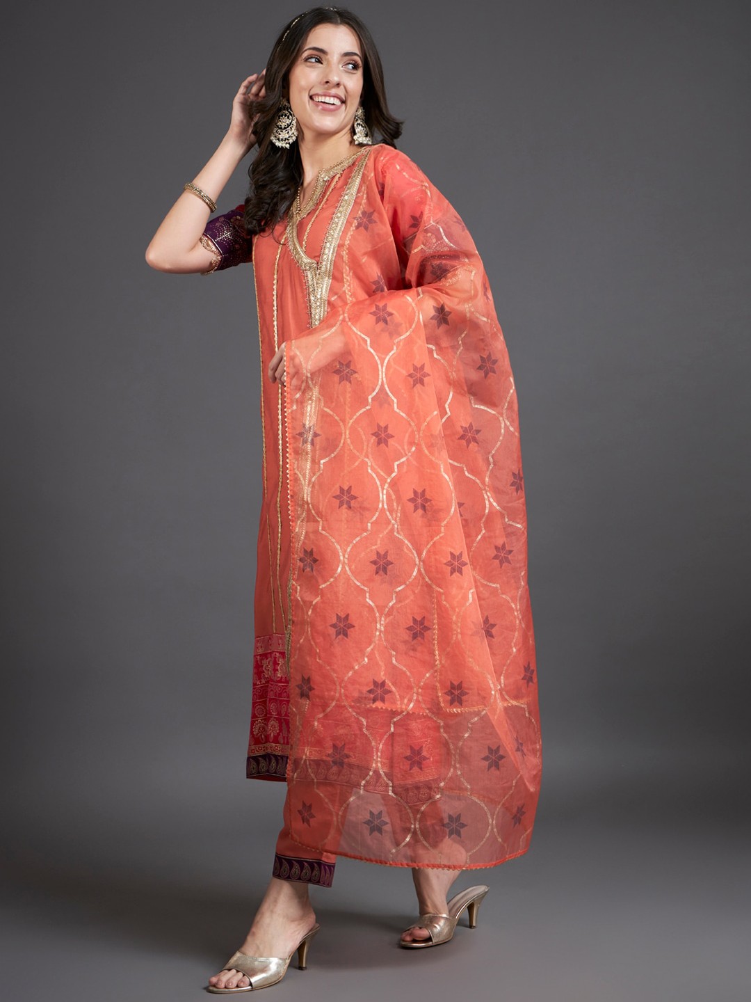 

HEEPOSH Striped V-Neck Angrakha Gotta Patti Kurta With Trousers & Dupatta, Rust