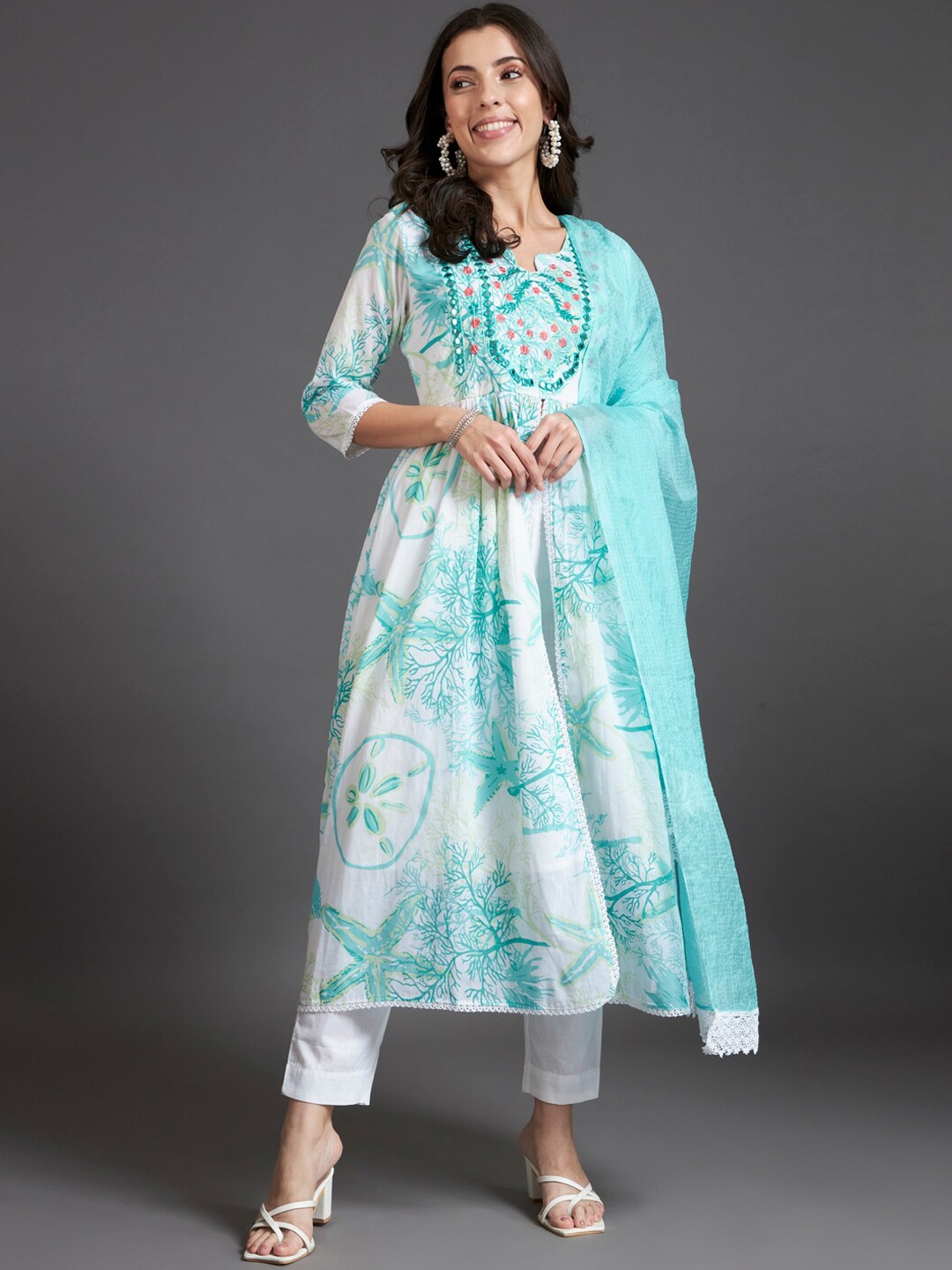 

HEEPOSH Floral Printed Empire Thread Work Kurta With Trousers & Dupatta, Blue