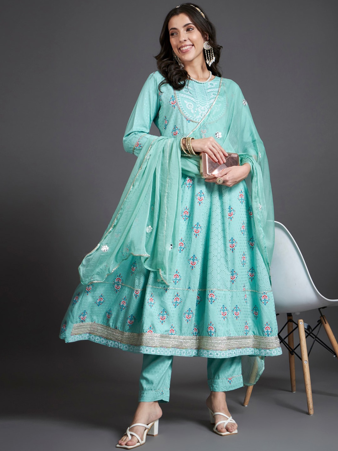 

HEEPOSH Ethnic Motifs Printed Thread Work Panelled Anarkali Kurta & Trousers With Dupatta, Sea green