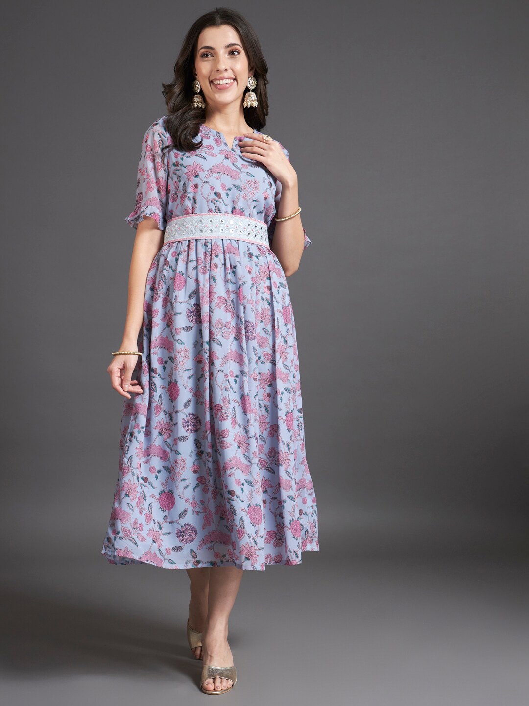 

HEEPOSH Floral Printed Georgette A-Line Midi Dress, Grey