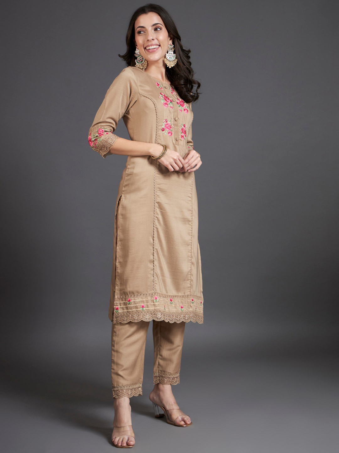 

HEEPOSH Floral Embroidered Organza Straight Kurta & Trousers With Dupatta, Beige