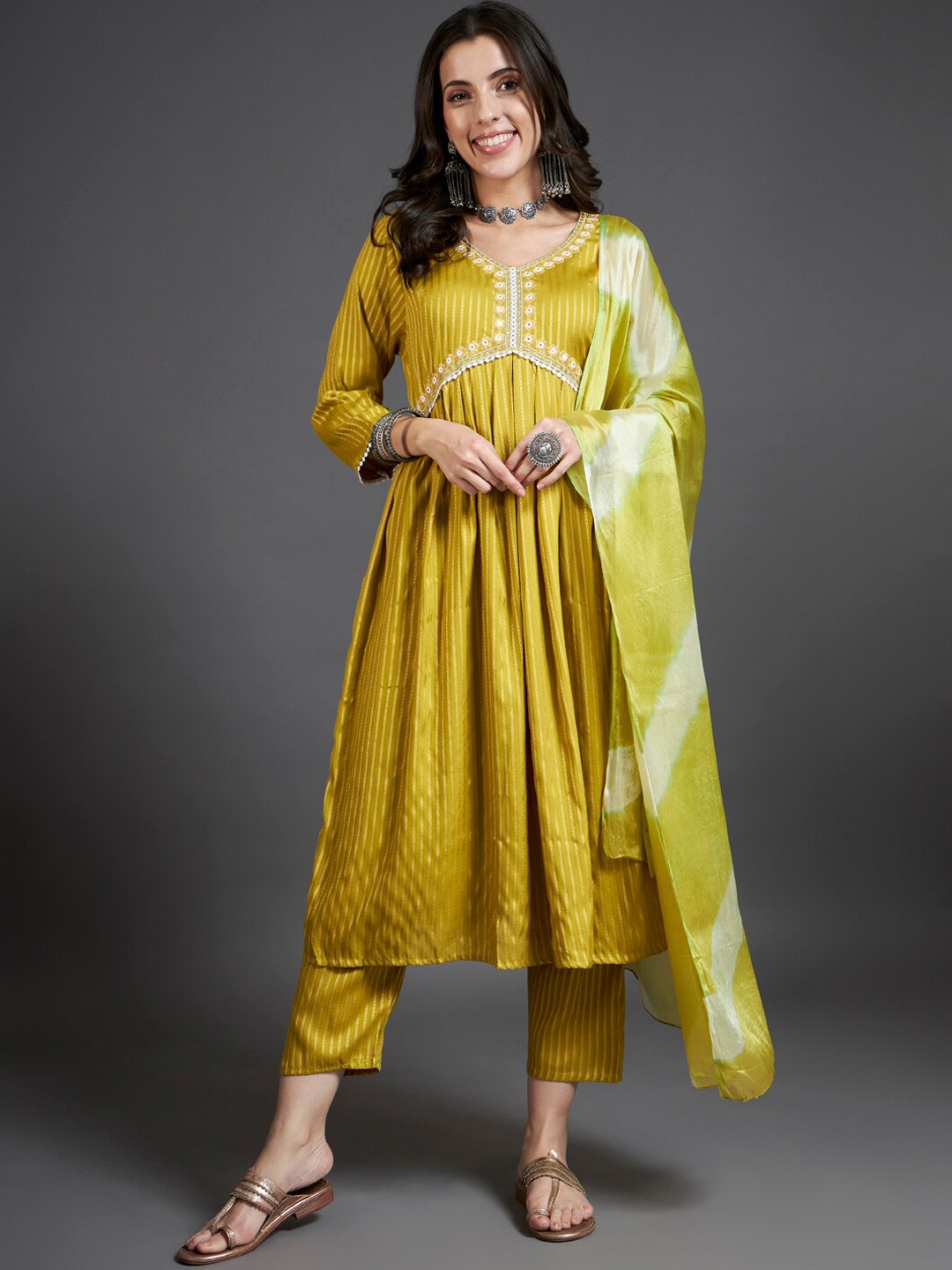 

HEEPOSH Striped V-Neck Empire Mirror Work Kurta With Trousers & Dupatta, Green