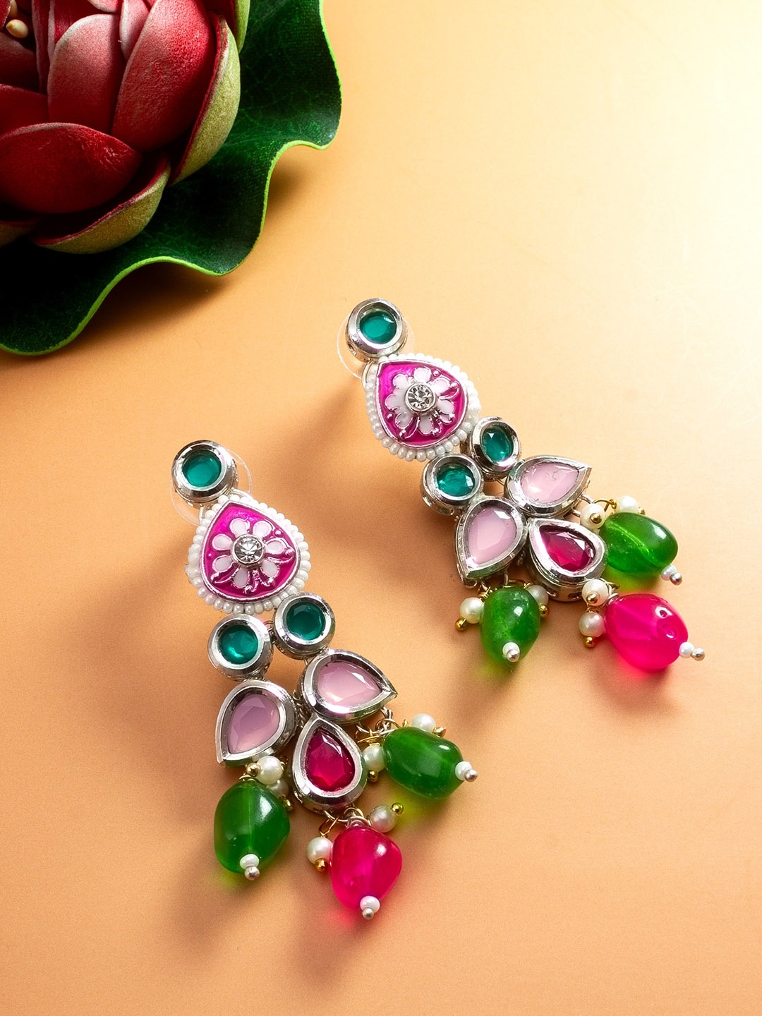 

aadita Gold-Plated Geometric Kundan Studded & Beaded Drop Earrings