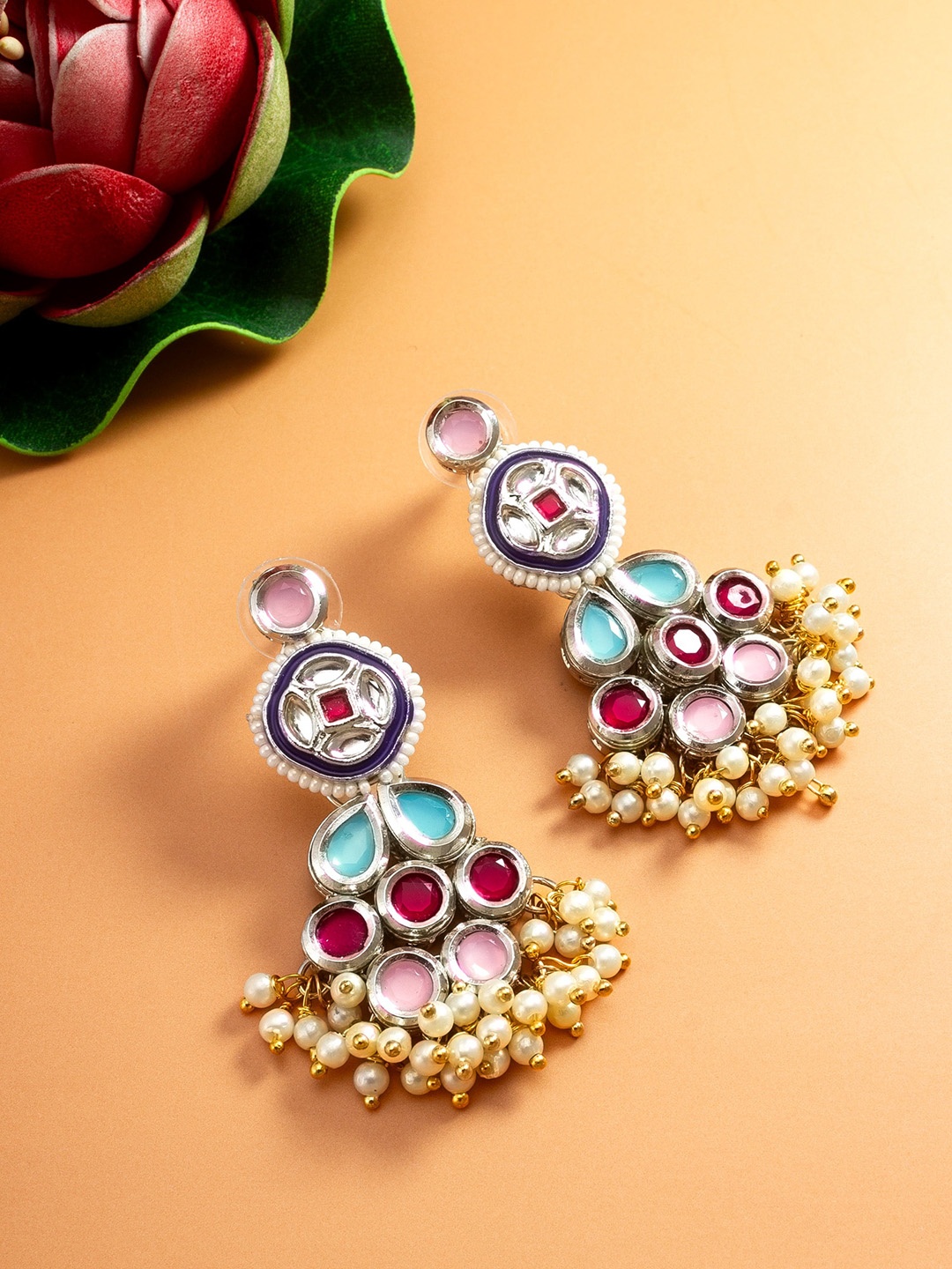

aadita Gold-Plated kundan Studded & Beaded Drop Earrings