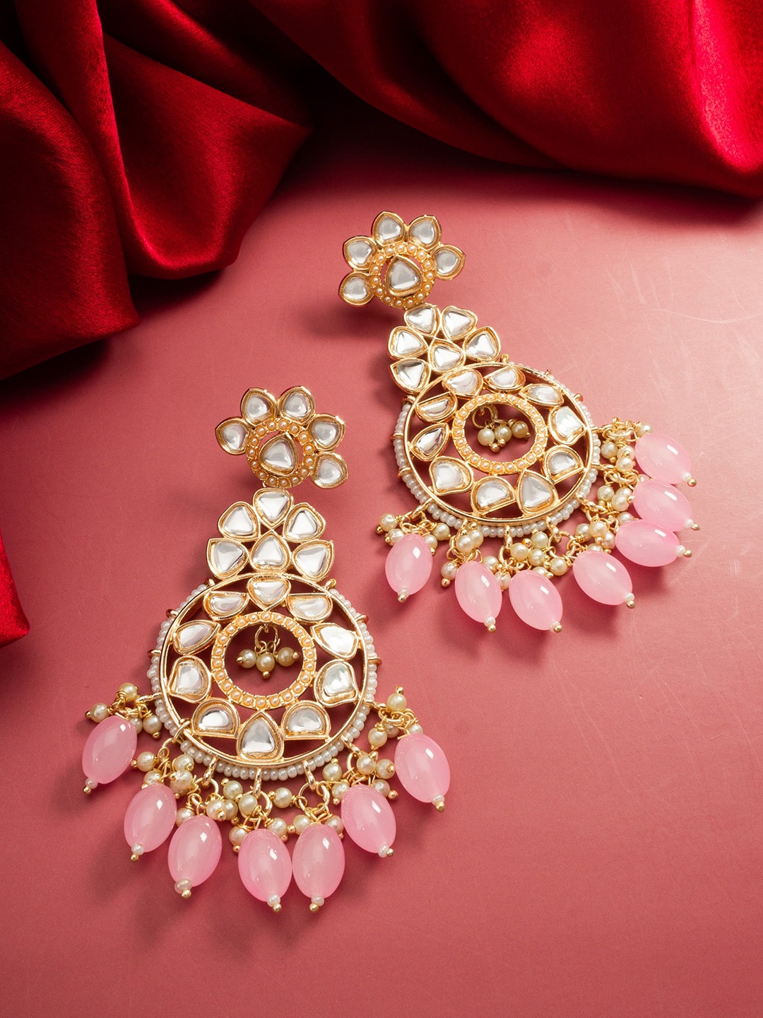 

aadita Gold-Plated Kundan-Studded & Pearl Beaded Chandbalis