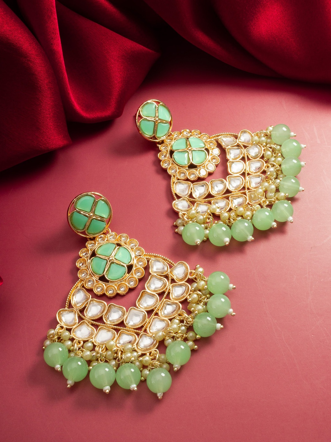 

aadita Gold-Plated Kundan-Studded & Pearl Beaded Chandbalis